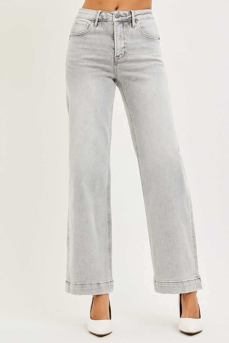 Light Grey High Rise Ankle Wide Jeans