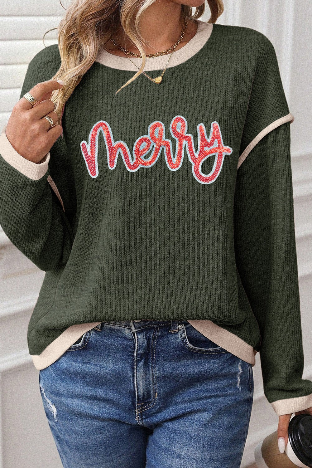 Merry Sequins Patch Contrast Trim Christmas Knitted Top