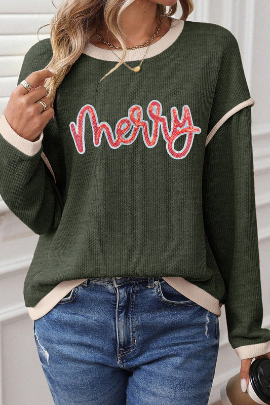 Merry Sequins Patch Contrast Trim Christmas Knitted Top