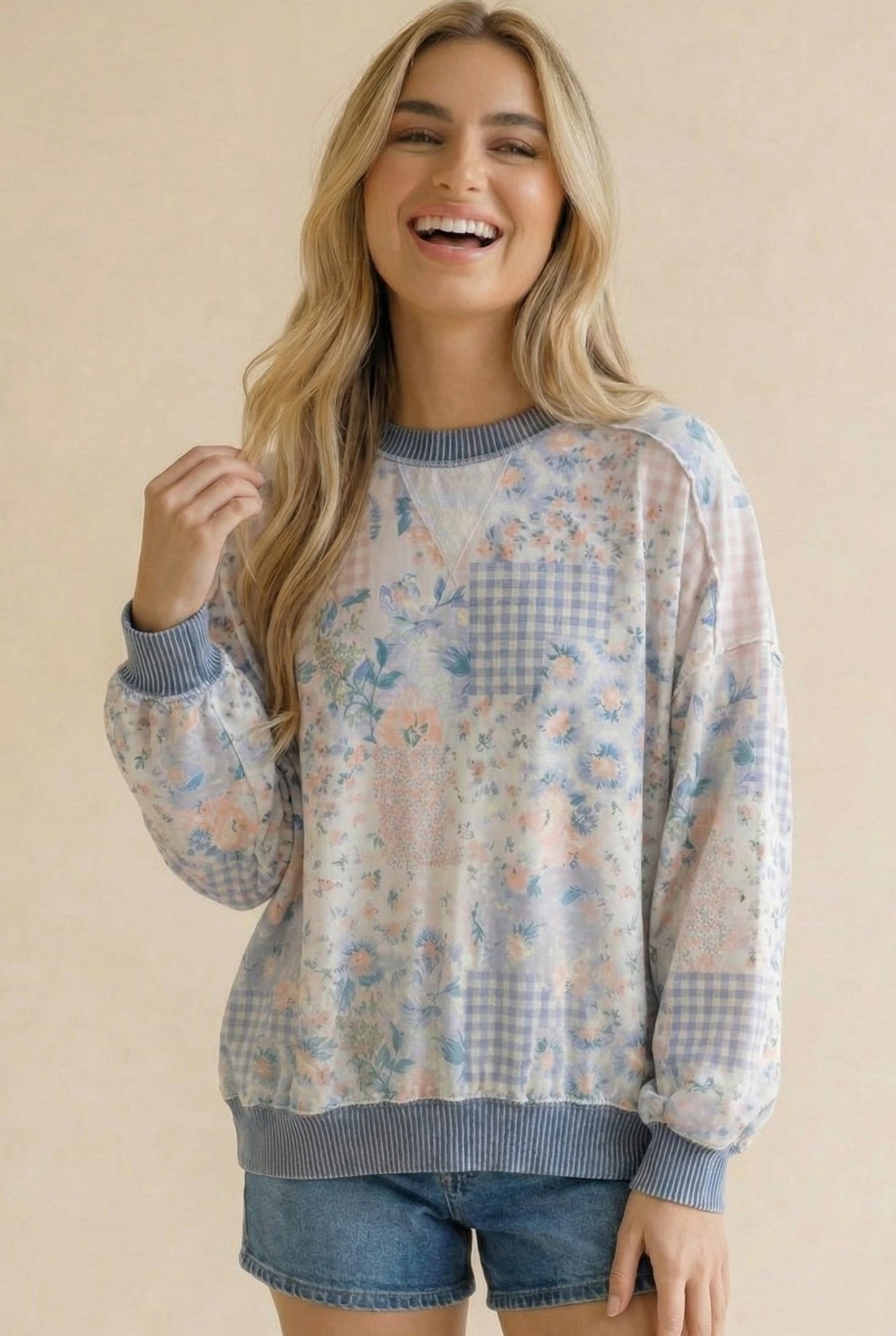 Floral Patchwork Long Sleeve Top With Triangle Detail