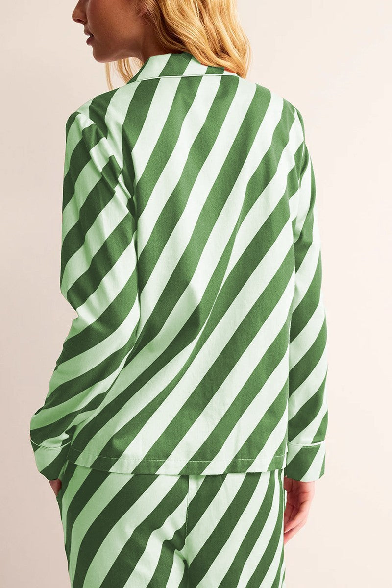 Green & Blue Striped Button-up Loungewear Set