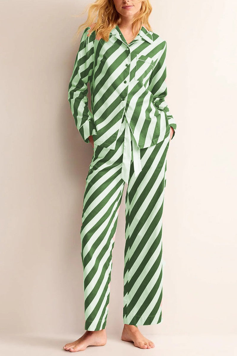 Green & Blue Striped Button-up Loungewear Set