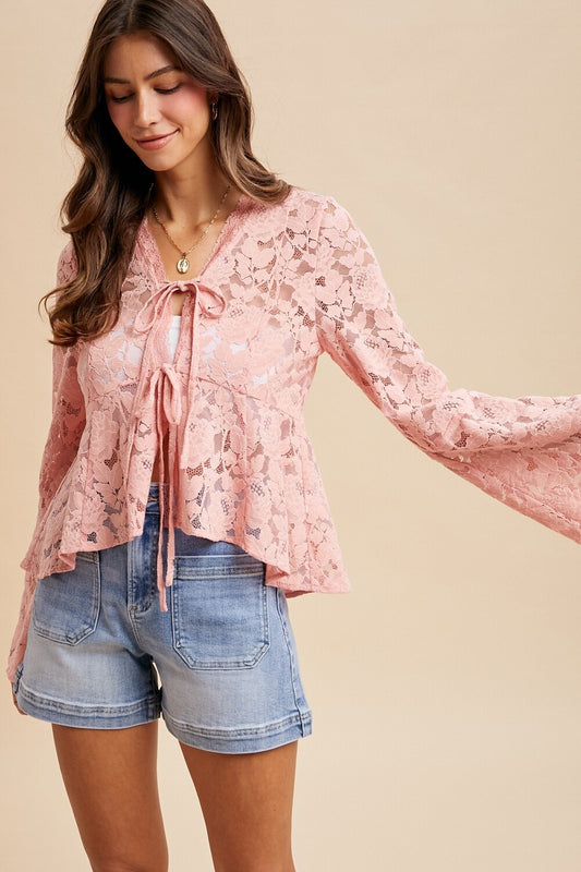 Floral Lace Trumpet Sleeve Hi-lo Hem Blouse