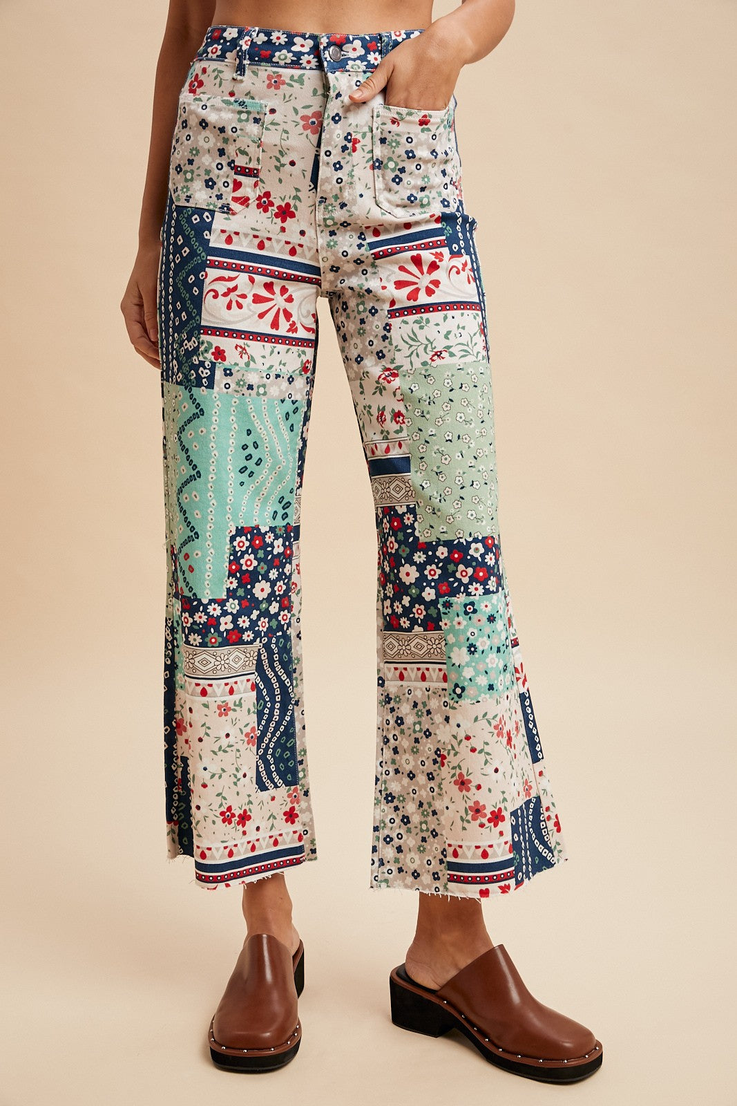 Floral Patchwork Print Cropped Flare Pants