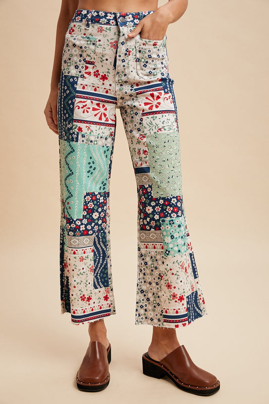 Floral Patchwork Print Cropped Flare Pants