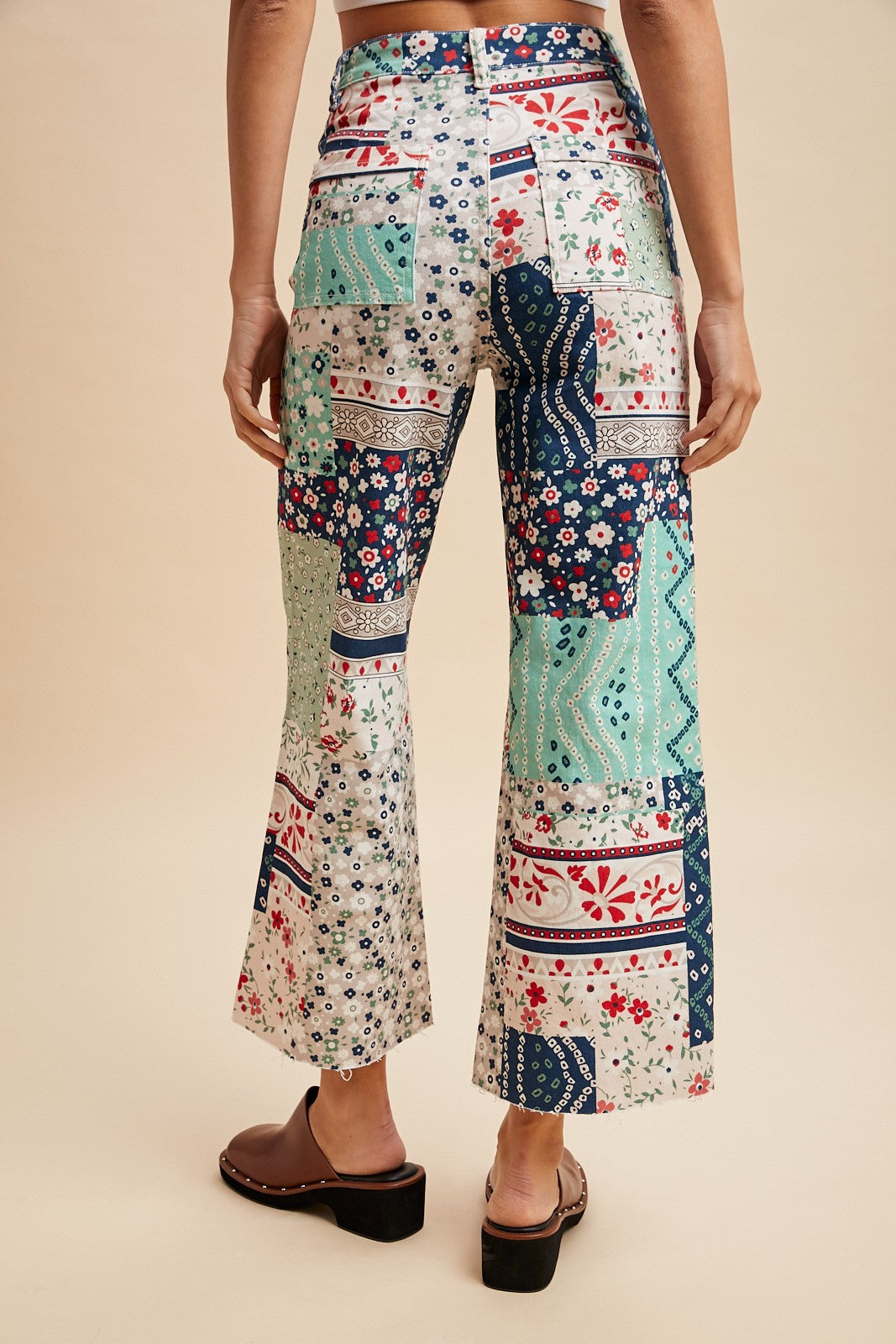 Floral Patchwork Print Cropped Flare Pants
