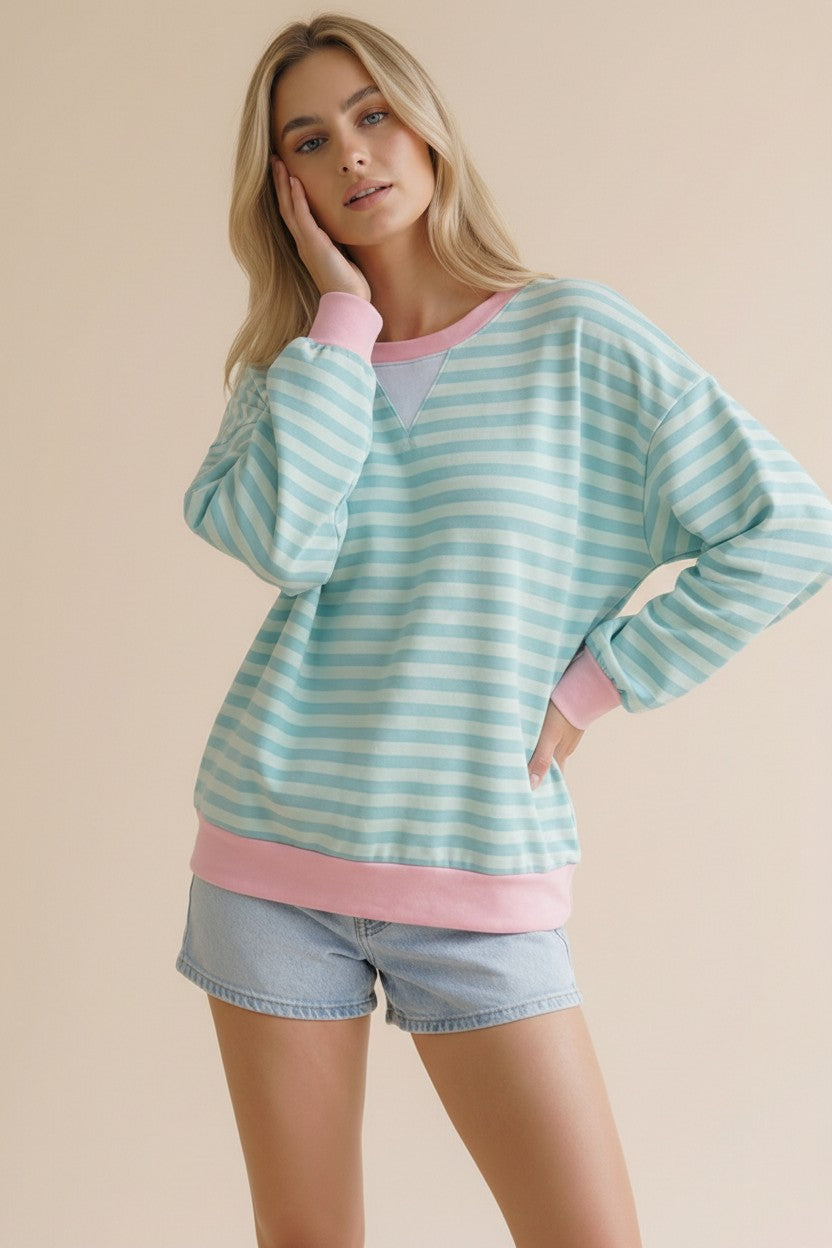 Mint & Fuchsia Striped Crew Loose Fit Top
