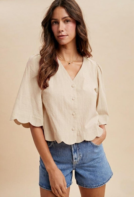 Scallop Half Sleeve Button-down Blouse