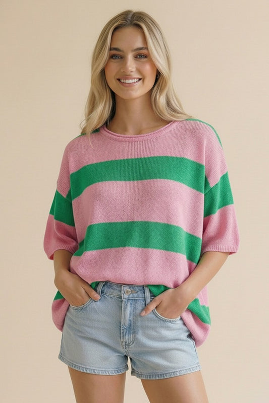 Pink & Green Round Neck Short Sleeve Stripe Sweater Top