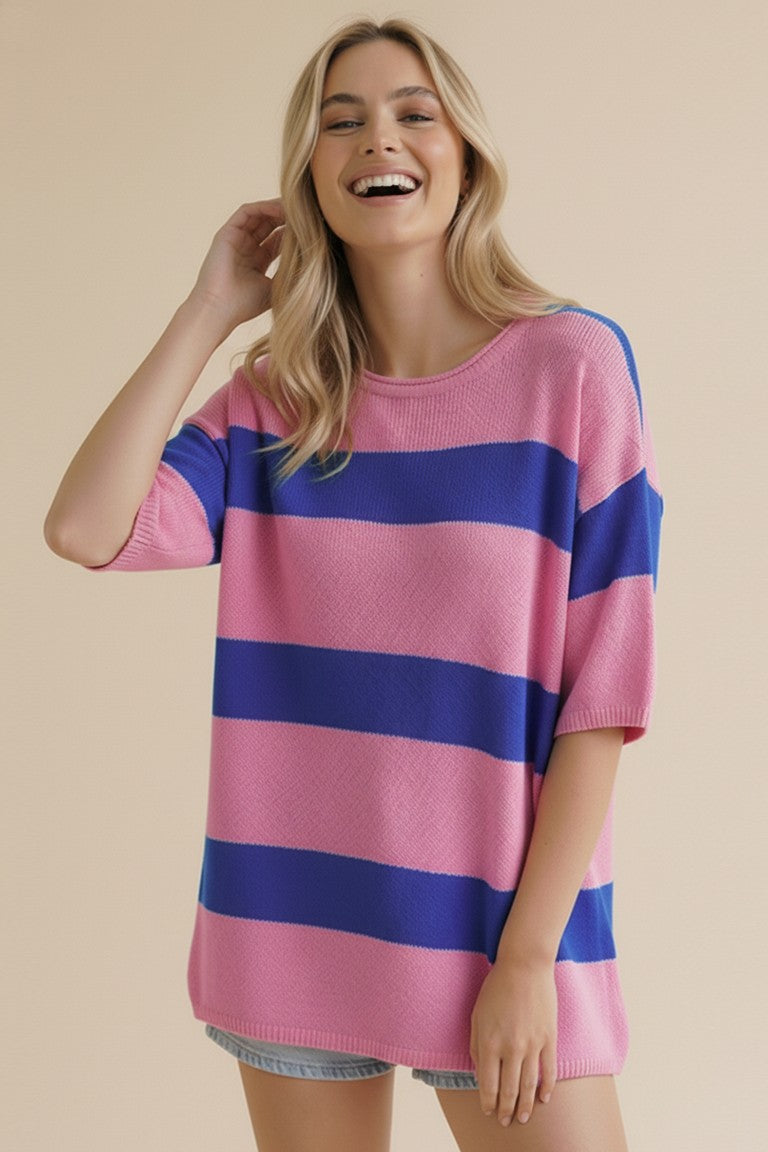 Round Neck Short Sleeve Stripe Sweater Top