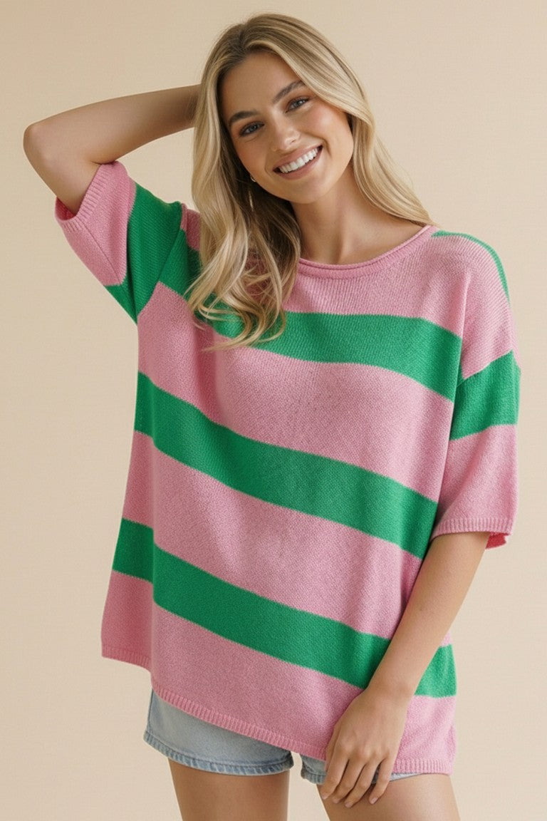 Pink & Green Round Neck Short Sleeve Stripe Sweater Top
