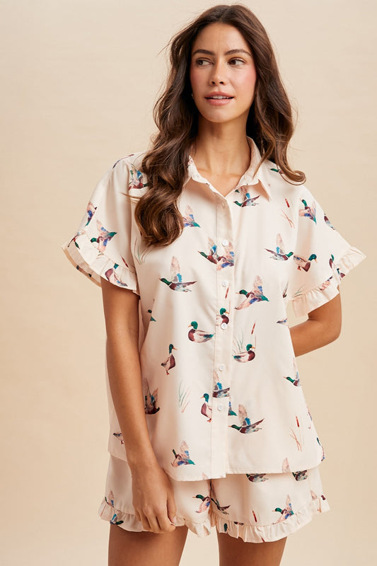 Mallard Duck Ruffle Sleeve Shirt & Shorts Set