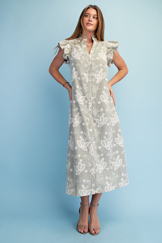Floral Embroidered Matcha Gingham Print Maxi Dress