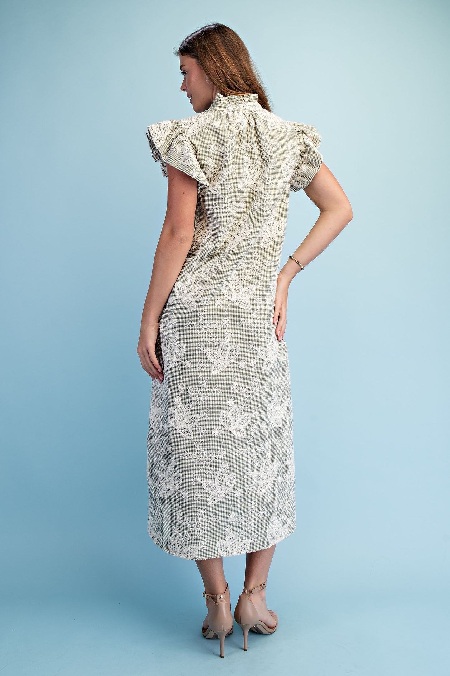 Floral Embroidered Matcha Gingham Print Maxi Dress