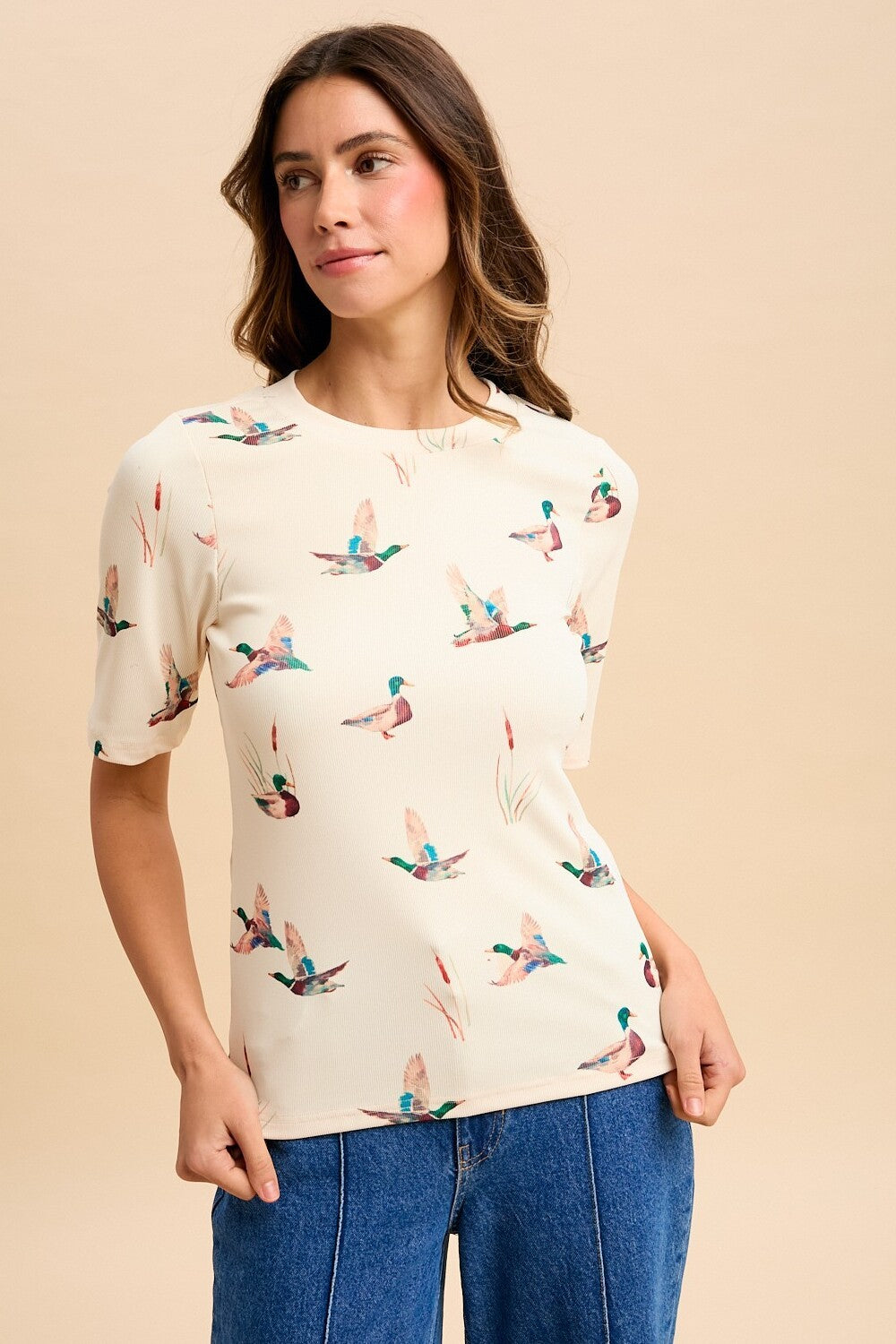 Mallard Duck Print Rib Knit Short Sleeve Top
