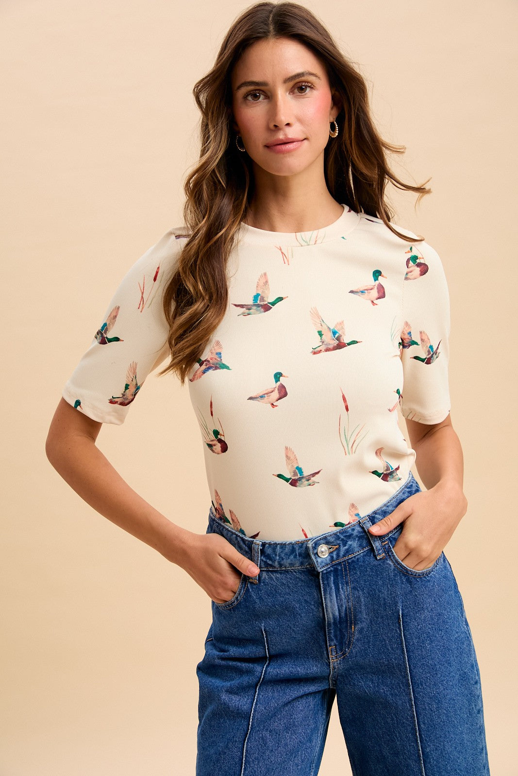 Mallard Duck Print Rib Knit Short Sleeve Top
