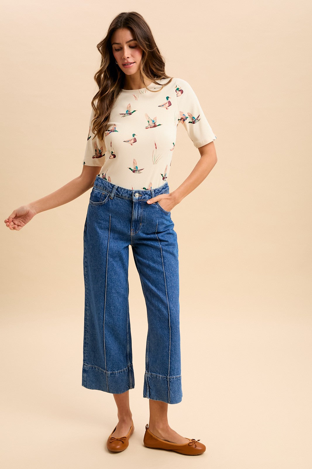 Mallard Duck Print Rib Knit Short Sleeve Top
