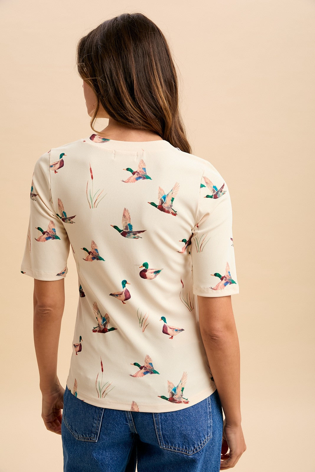 Mallard Duck Print Rib Knit Short Sleeve Top