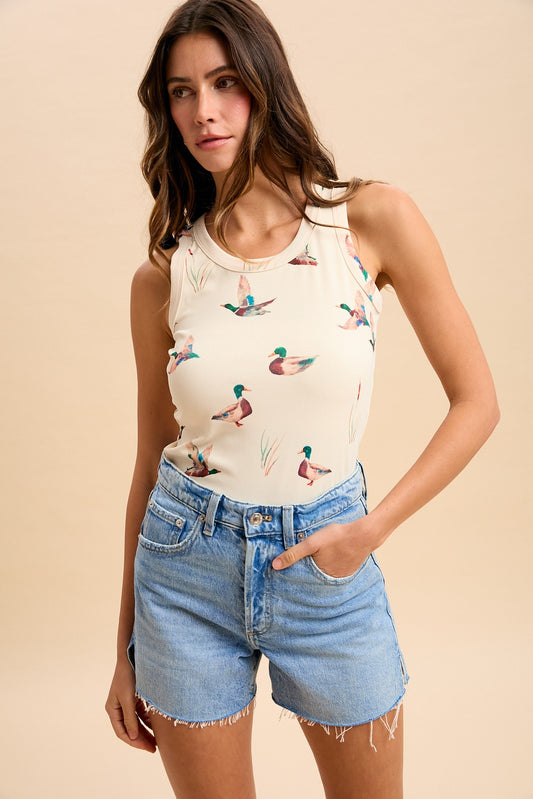 Mallard Duck Print Rib Knit Tank Top