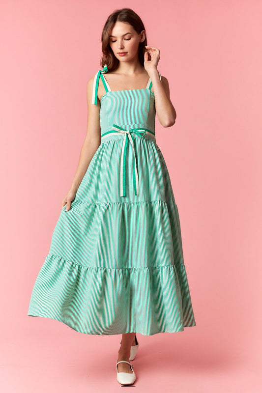 Stripe 2-tone Band Bow Tie Sleeveless Midi Dress