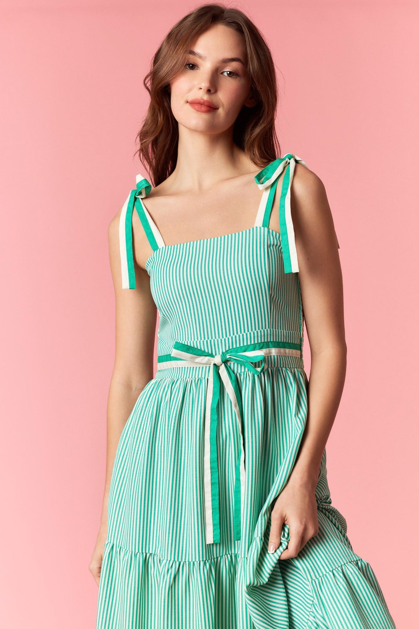 Stripe 2-tone Band Bow Tie Sleeveless Midi Dress