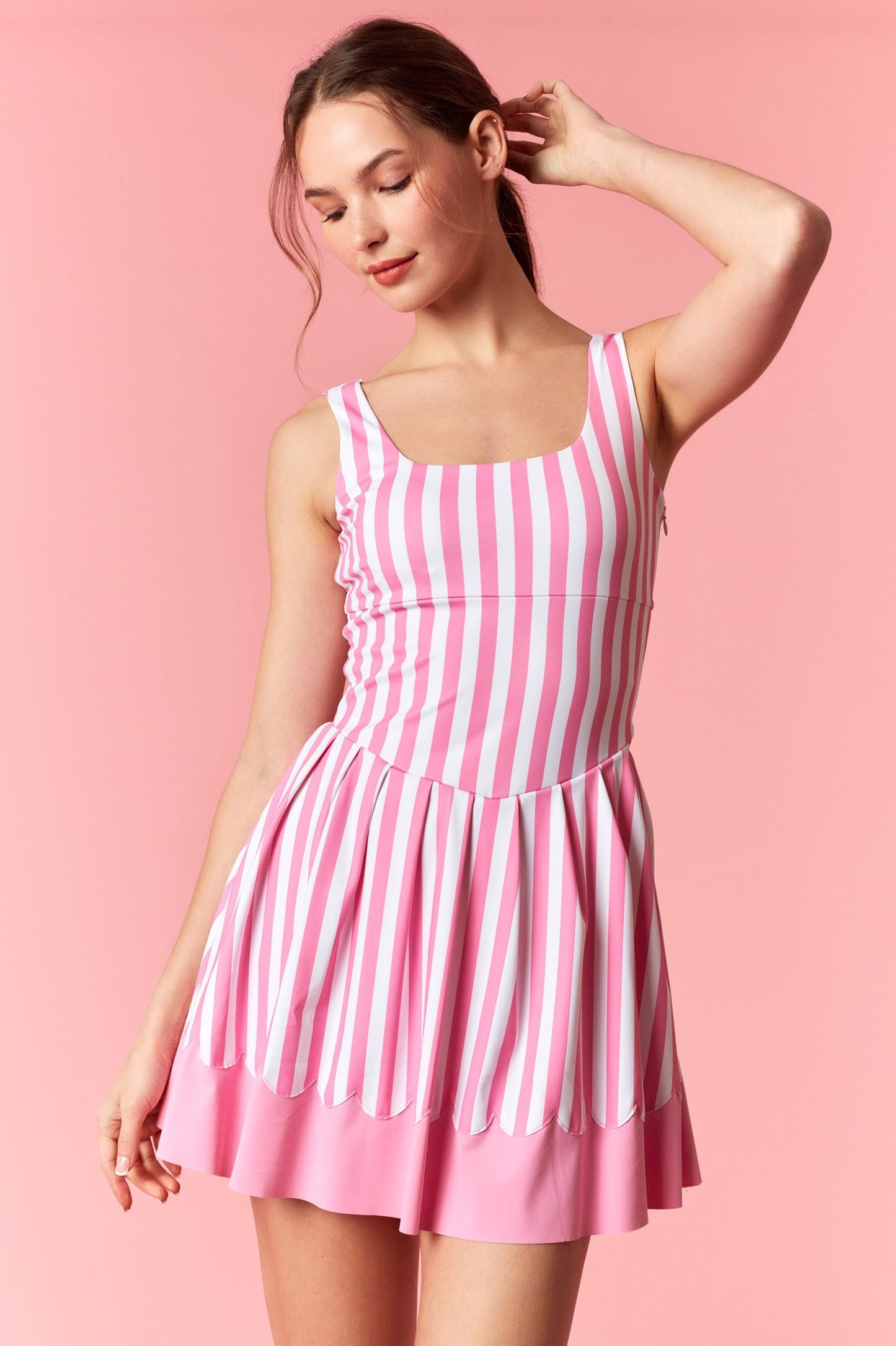 Wide Stripe Pleated Active Skort With Scallop