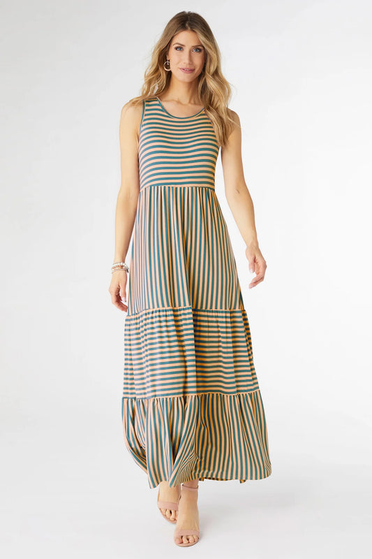 Janie Teal & Coral Striped Tiered Maxi Dress