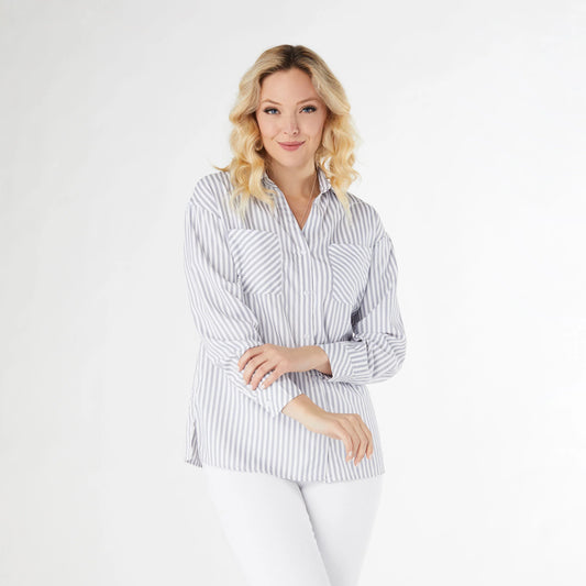 Grey & White Terri Striped Blouse with Front Pockets