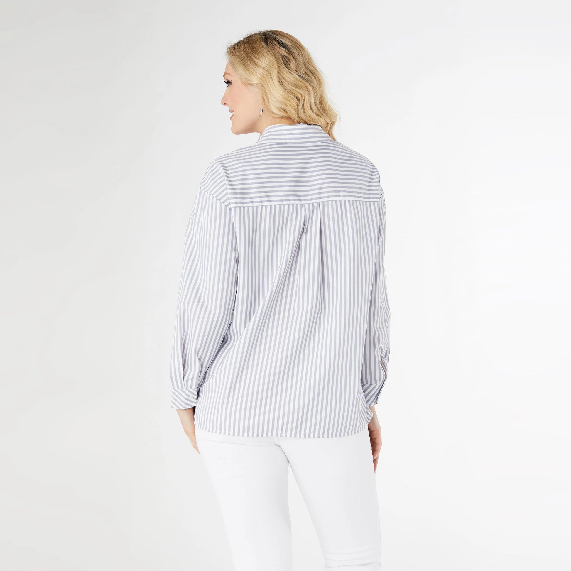 Grey & White Terri Striped Blouse with Front Pockets