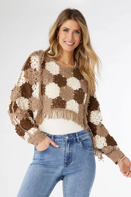 Nyla Khaki & Ivory Floral Crochet Pullover Top