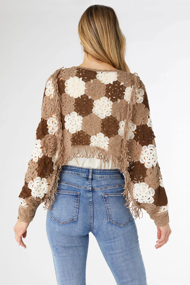 Nyla Khaki & Ivory Floral Crochet Pullover Top