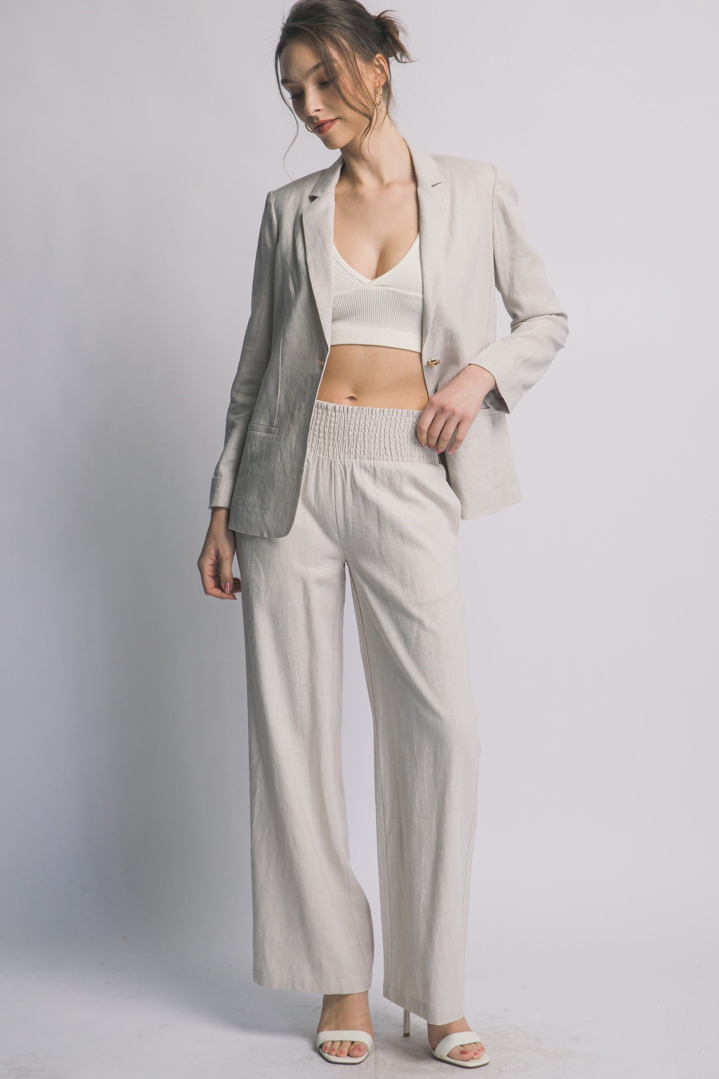 Smocked Wide-leg Linen Pants