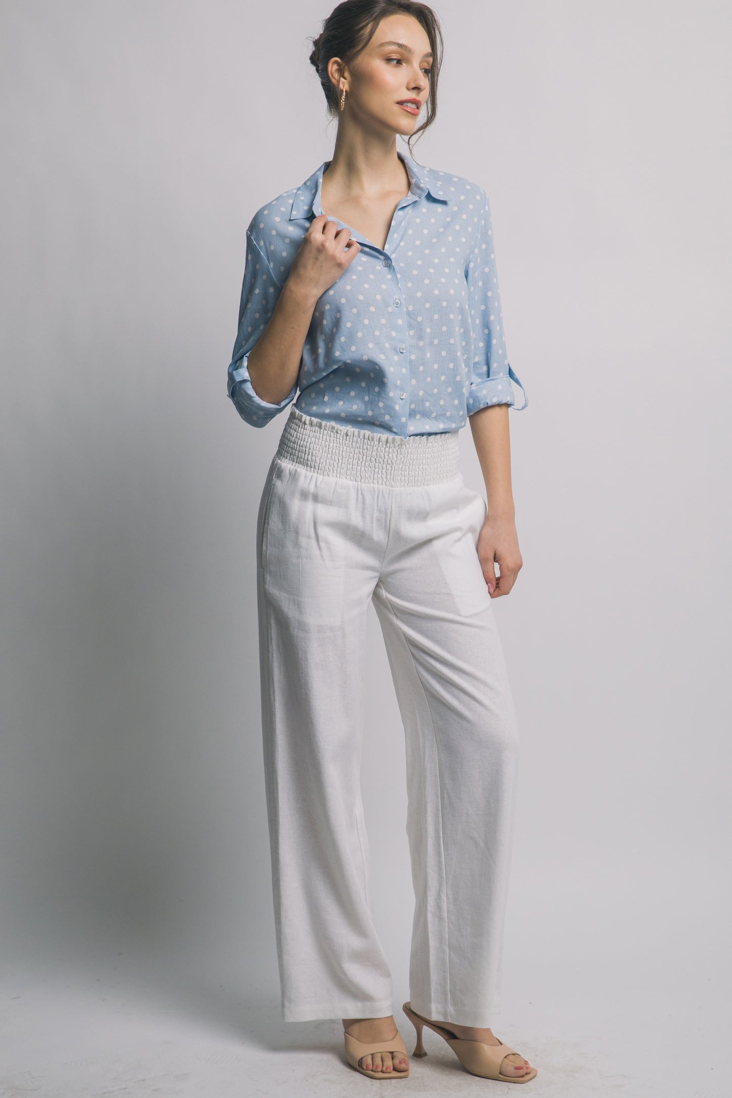 Smocked Wide-leg Linen Pants