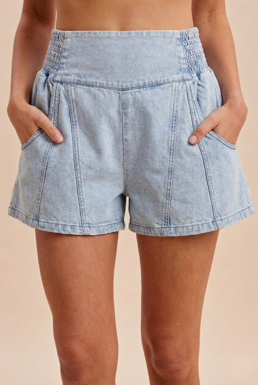 Anniewear Lightweight Denim Smocked Yoke Detail Shorts in Icy Denim