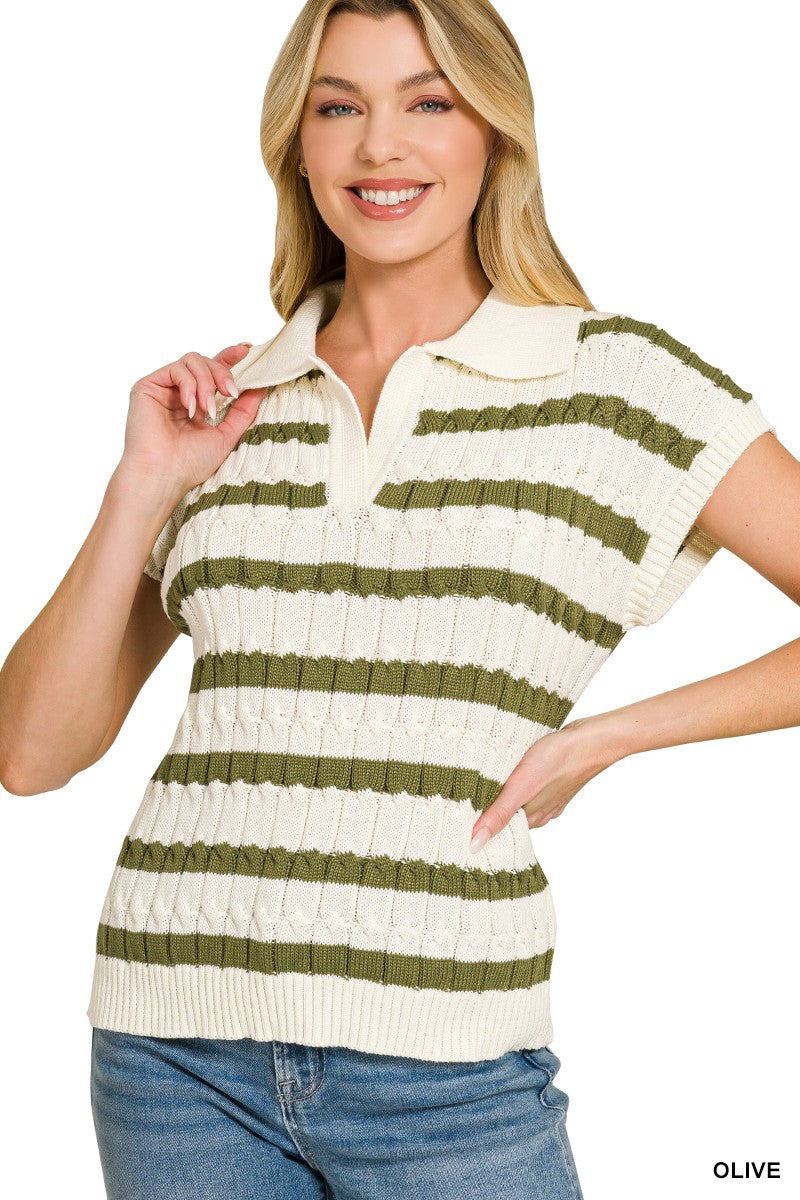Zenana Textured Stripe Collared Sweater Vest