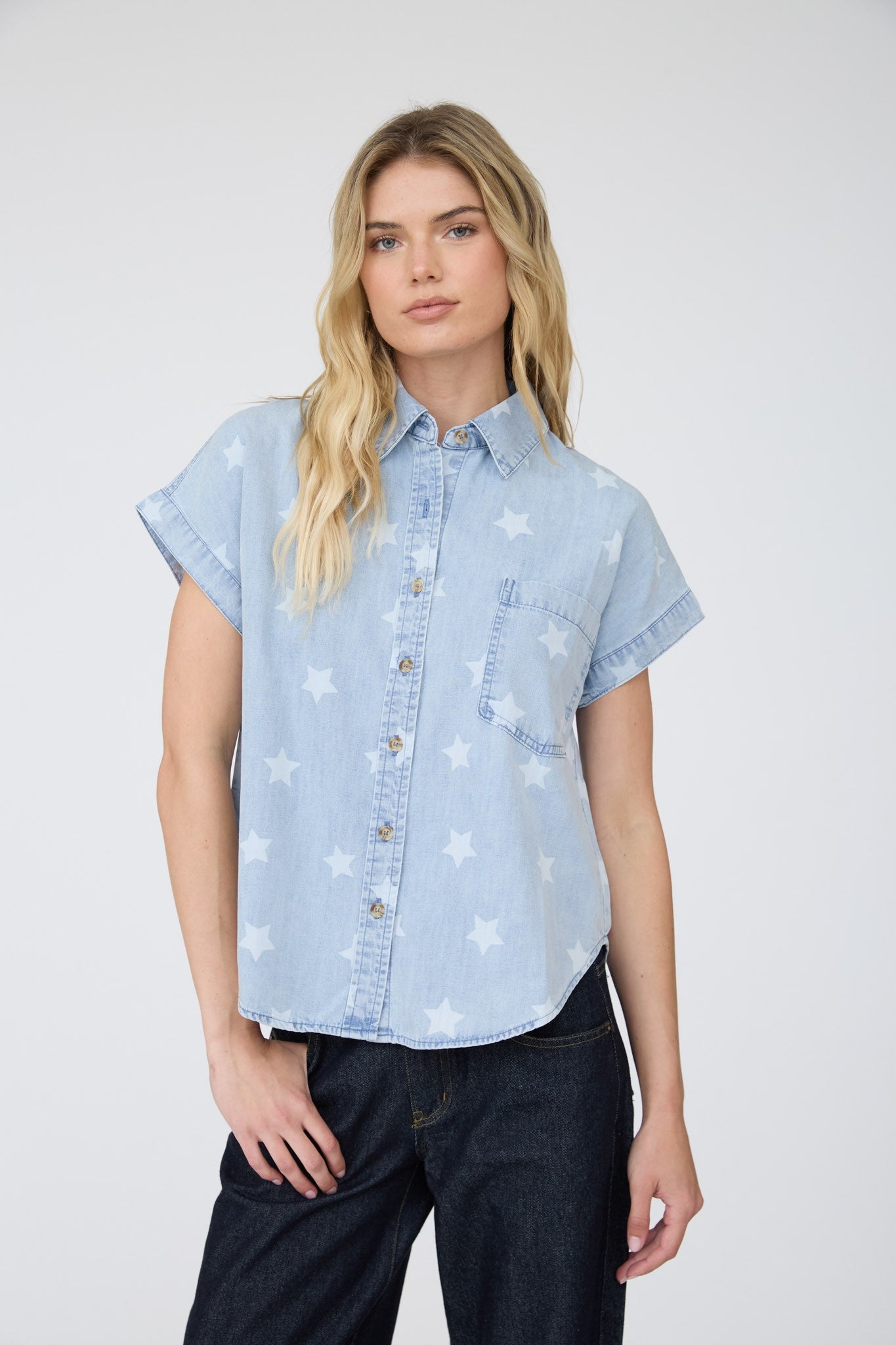 Washed Denim Star Pattern Collared Shirt