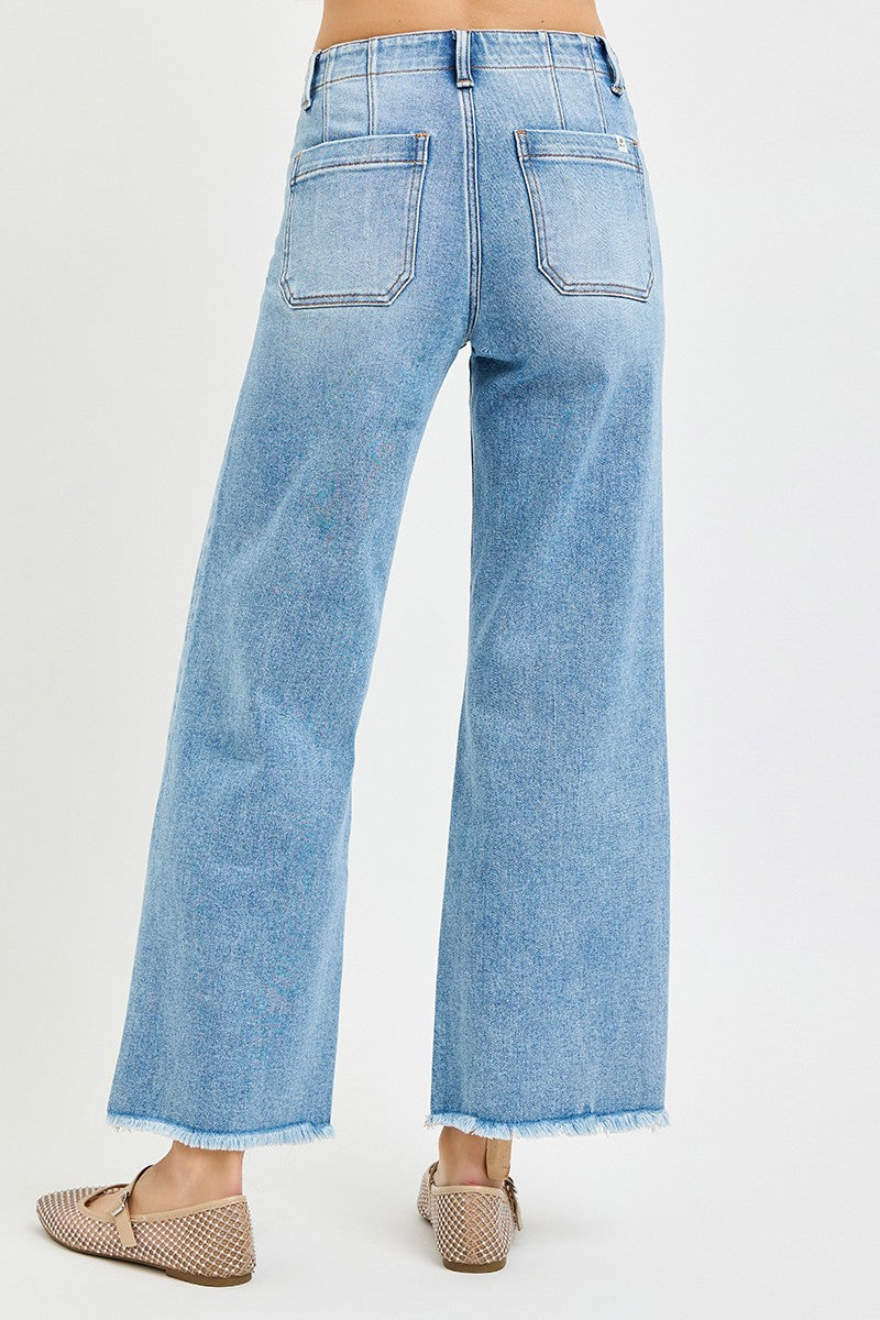 High Rise Ankle Wide Straight Jeans With Patch Pockets