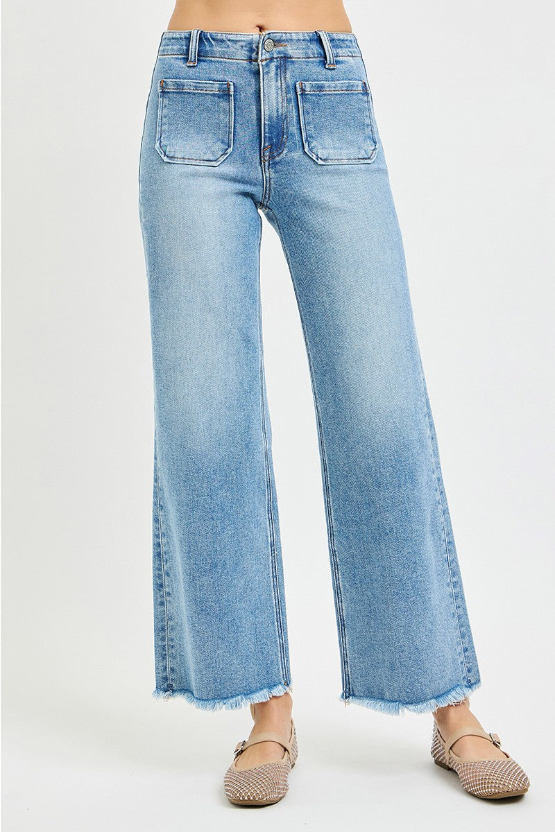 High Rise Ankle Wide Straight Jeans With Patch Pockets