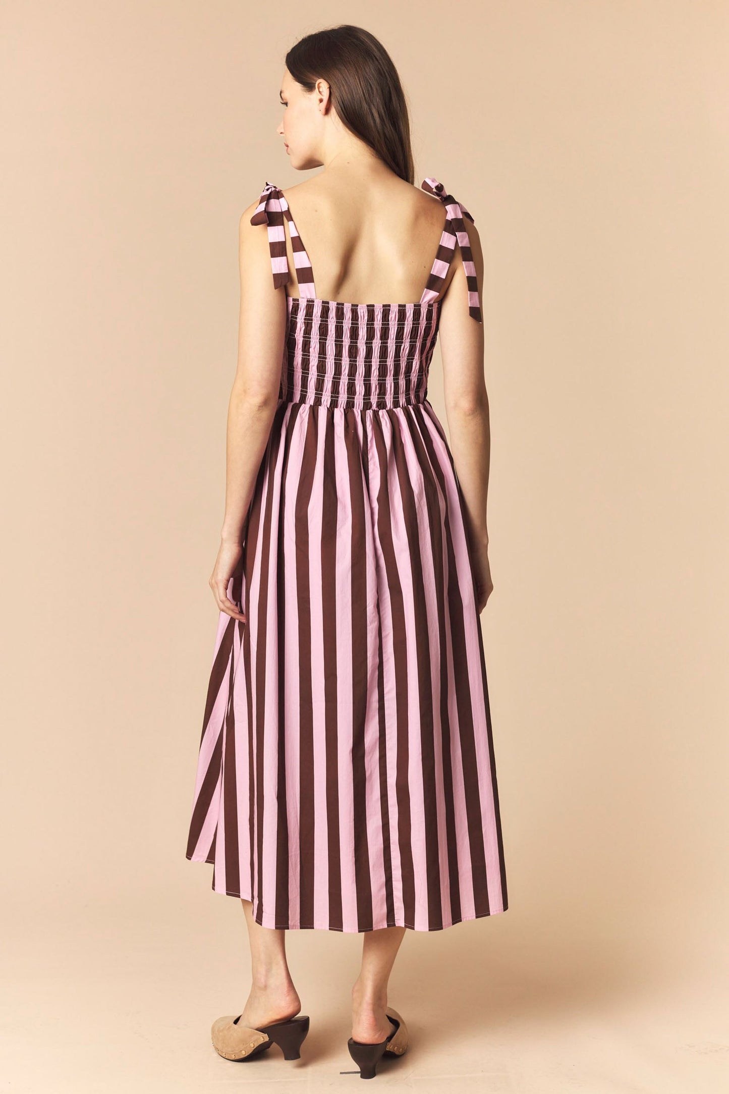 Stripe Print Ruffle Bow Strap Flare Midi