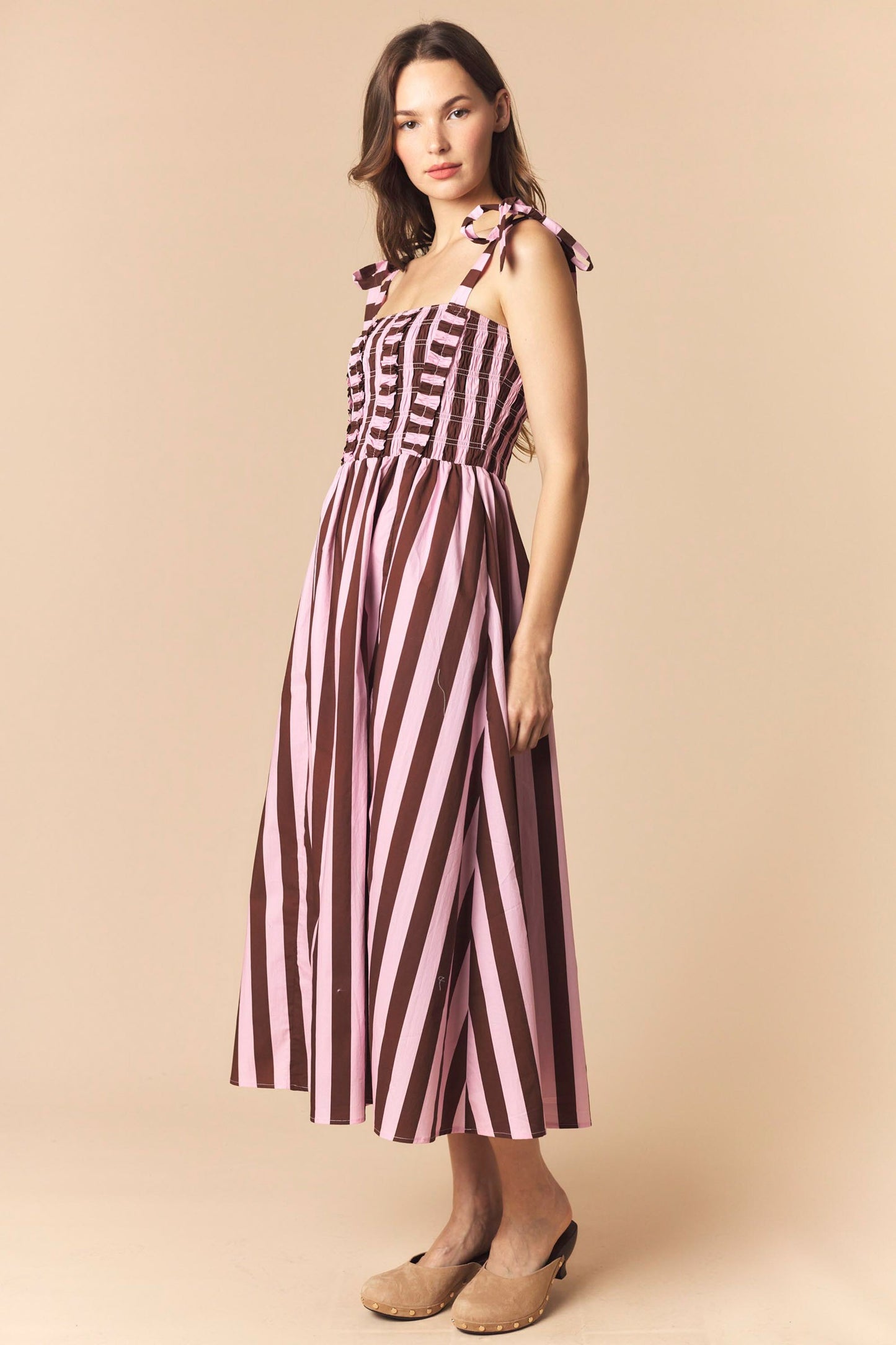 Stripe Print Ruffle Bow Strap Flare Midi