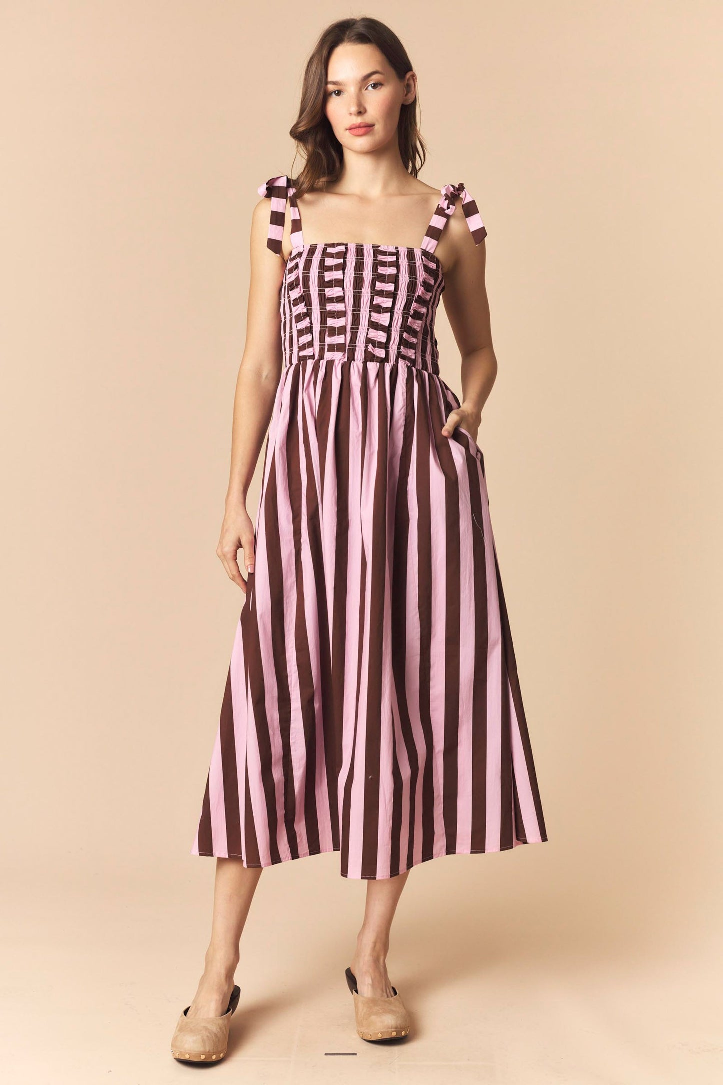 Stripe Print Ruffle Bow Strap Flare Midi