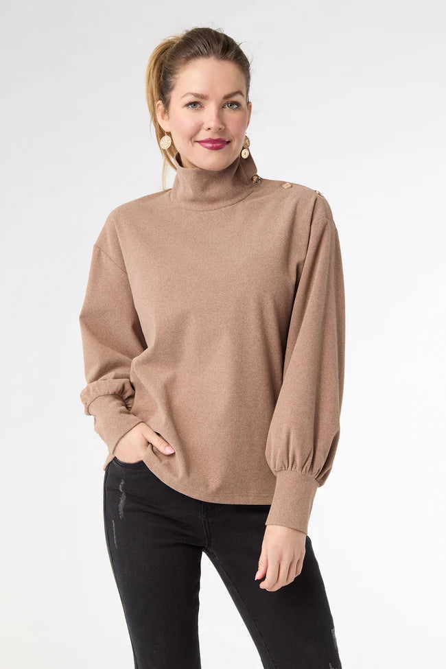 Audrina Super Soft Top With Button Neck Detail- Mushroom Heather