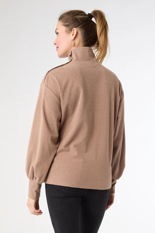 Audrina Super Soft Top With Button Neck Detail- Mushroom Heather
