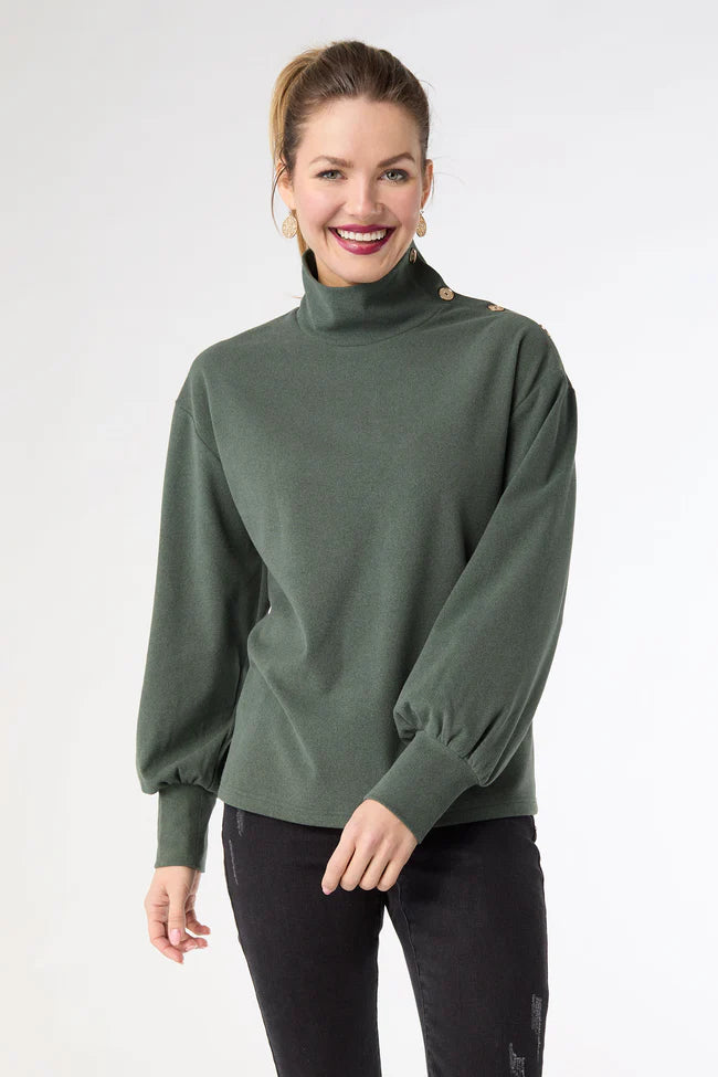 Audrina Super Soft Top With Neck Button Detail- Green Heather