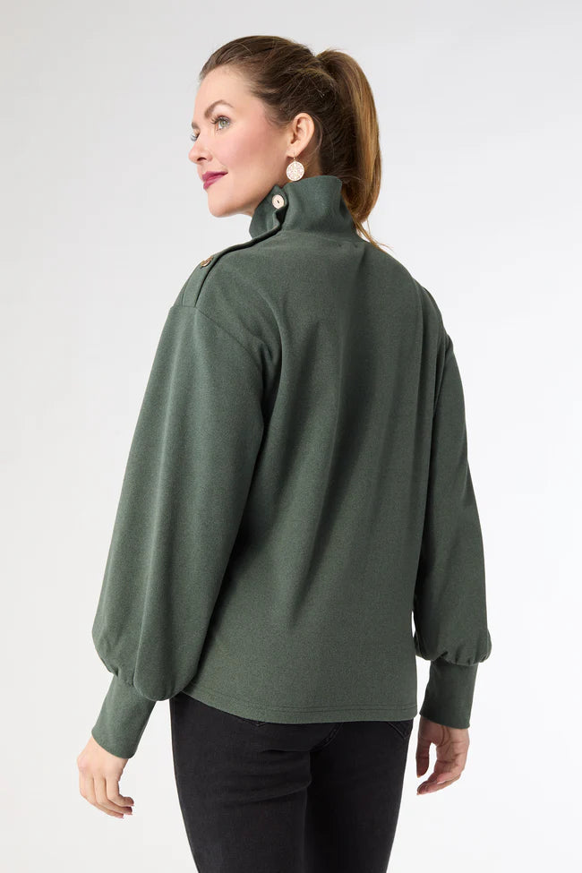 Audrina Super Soft Top With Neck Button Detail- Green Heather