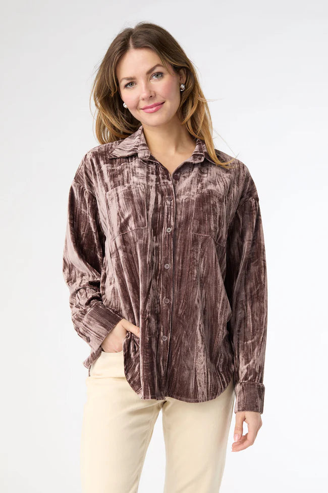 Mocha Mousse Avyanna Crinkle Velour Button Front Top