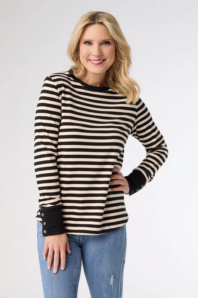 Alexis Super Soft Top with Snap Cuff- Black & Cream Stripe