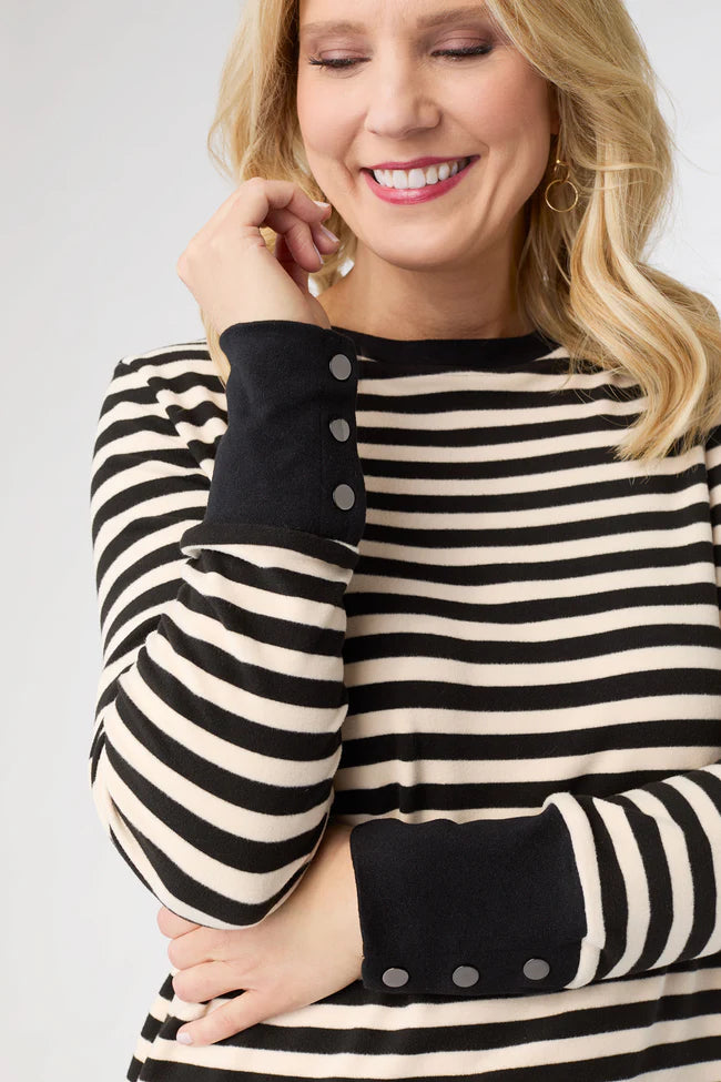 Alexis Super Soft Top with Snap Cuff- Black & Cream Stripe