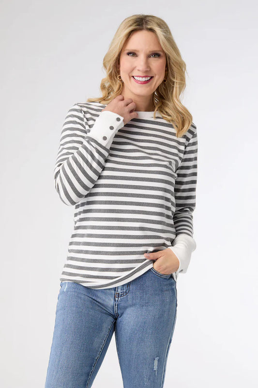 Alexis Super Soft Top with Snap Cuff- White & Heather Grey Stripe