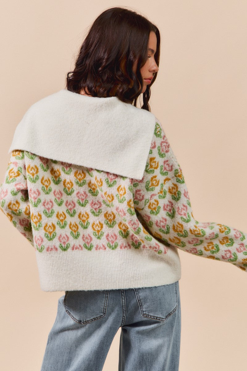 Floral Pattern Buttoned Placket Collar Sweater Top